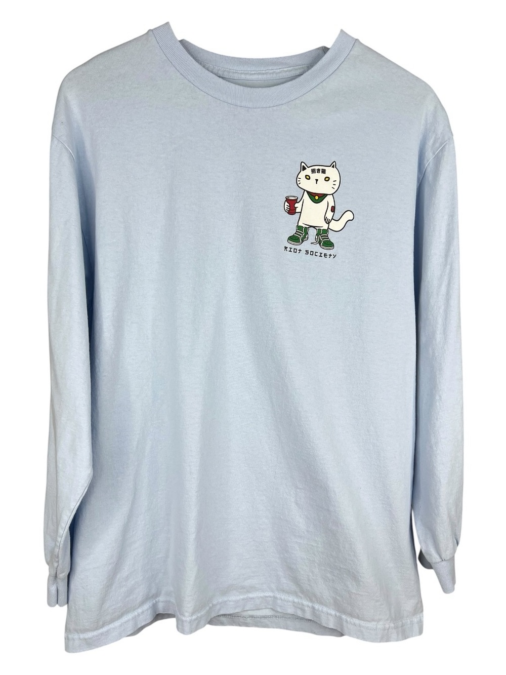 Riot Society Sugee Lucky Cat Light Blue Long Sleeve Graphic T-Shirt Large
